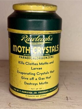 Rawleigh's Moth Crystals Vintage Tin - Yellow & Dark Green